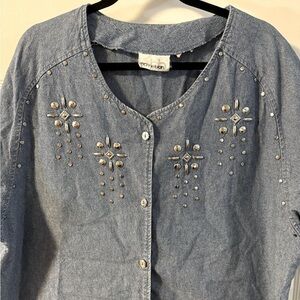 Bonnie Blain 80’s Embellished Denim Button-Up Shirt 2XL Blue Oversized Plus Size